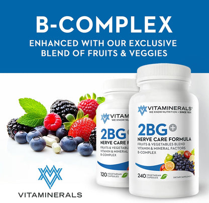 Vitaminerals 2BG+™ B Complex Nerve Support – High Potency B-Complex with Fruits & Veg Blend – 120 Veg Capsules