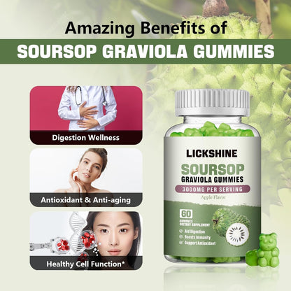 Lickshine 2 Pack Soursop Graviola Gummies - 3000mg Extra Strength with Vitamin C & Zinc - Sugar Free, Non-GMO, Vegan - Digestive Health & Immune Support - 120 Gummies