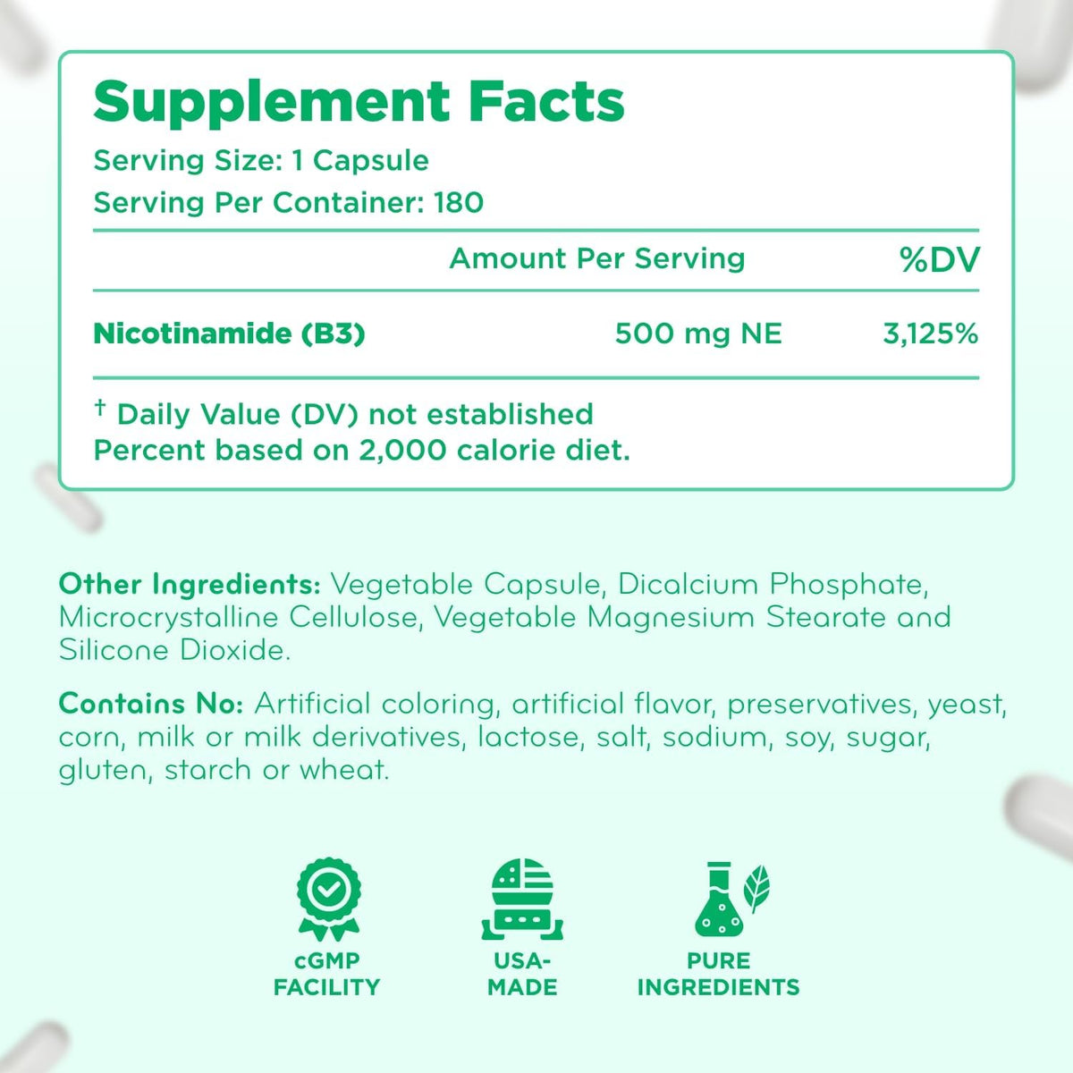 Vitamin B3 Nicotinamide 500mg – Flush-Free Niacin Supplement for Energy, Skin & Nervous System Support – NAD Precursor (360 – Image 8