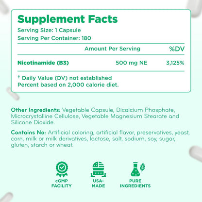 Vitamin B3 Nicotinamide 500mg – Flush-Free Niacin Supplement for Energy, Skin & Nervous System Support – NAD Precursor (360 – Image 8