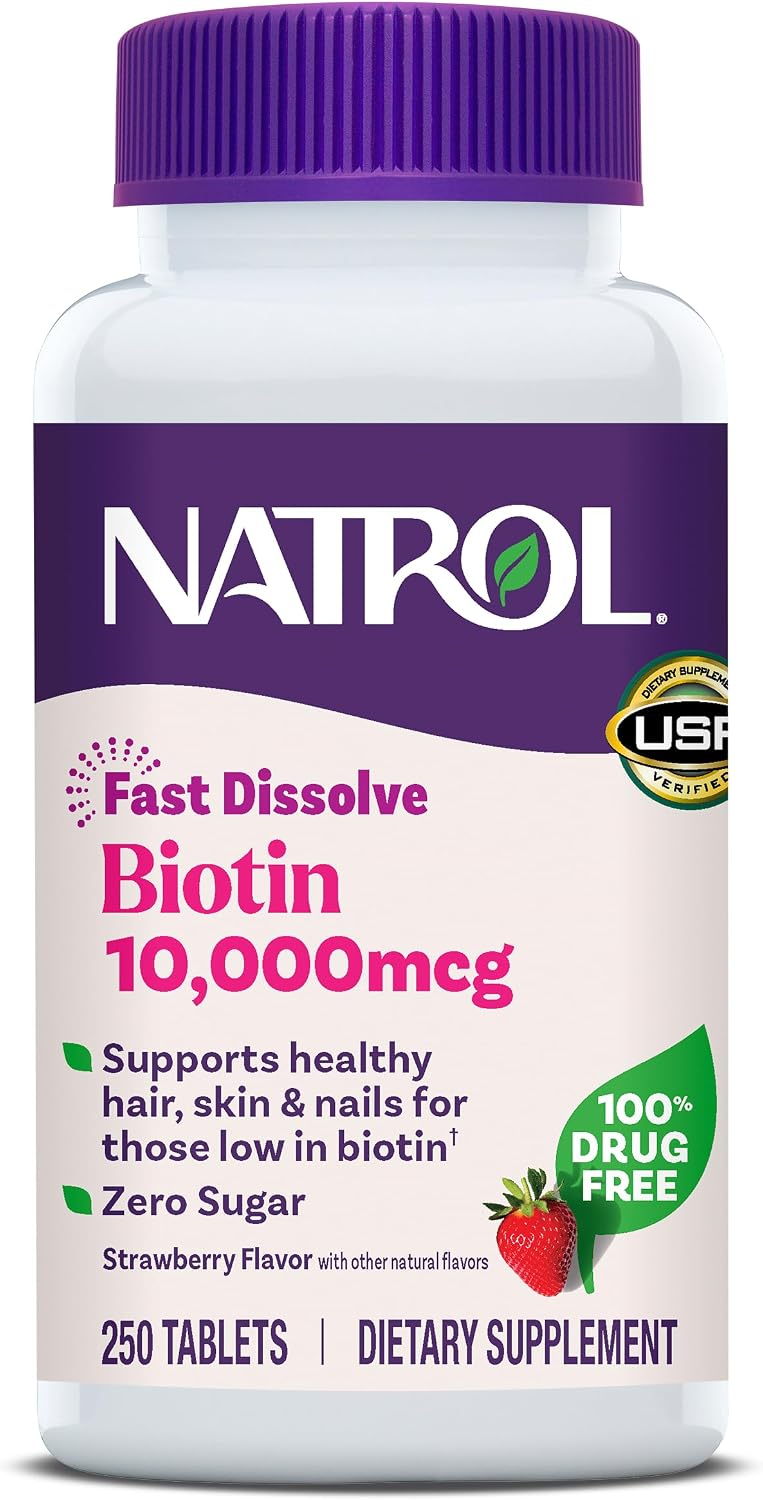 Natrol Biotin 10,000 mcg Fast Dissolve Tablets, Strawberry Flavour, 250 Tablets - görsel 1