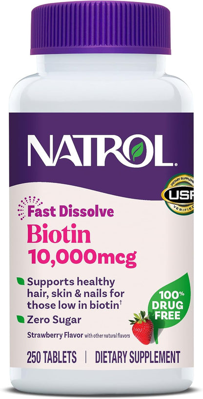 Natrol Biotin 10,000 mcg Fast Dissolve Tablets, Strawberry Flavour, 250 Tablets