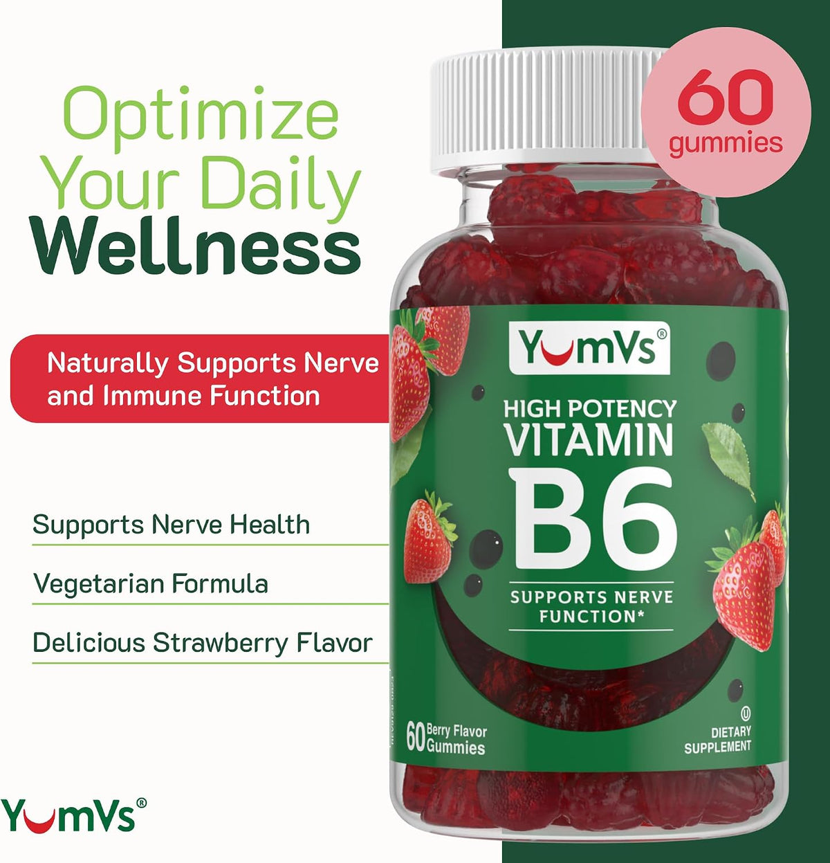 YUM-V'S Vitamin B6 Gummies – High Potency 100mg – Strawberry Flavour – Nerve & Immune Function Support – 60 Count (2 Pack) - görsel 2