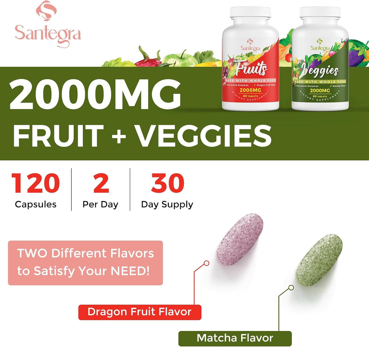 Santegra 2000 mg Fruit and Veg Supplement, 35+ Fruits and Vegetables, 100% Whole Food Superfoods, Natural Vitamins for Women and Men, Sugar-free, Gluten-free, Vegan, 120 Tablets - görsel 6