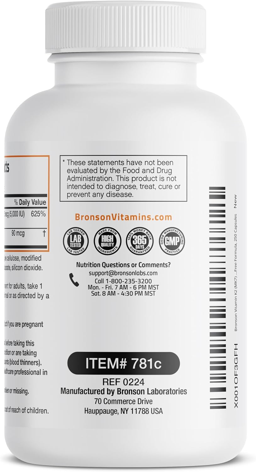 Bronson Vitamin D3 5000IU & K2 MK-7 Supplement - 250 Capsules - görsel 7