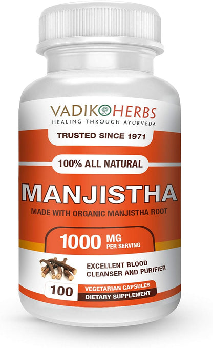 Vadik Herbs Pure Wild Harvested Manjistha (Rubia cordifolia, Indian Madder) - 100 Vegicaps - Made in USA - Safety Tested - Non-GMO, Vegan