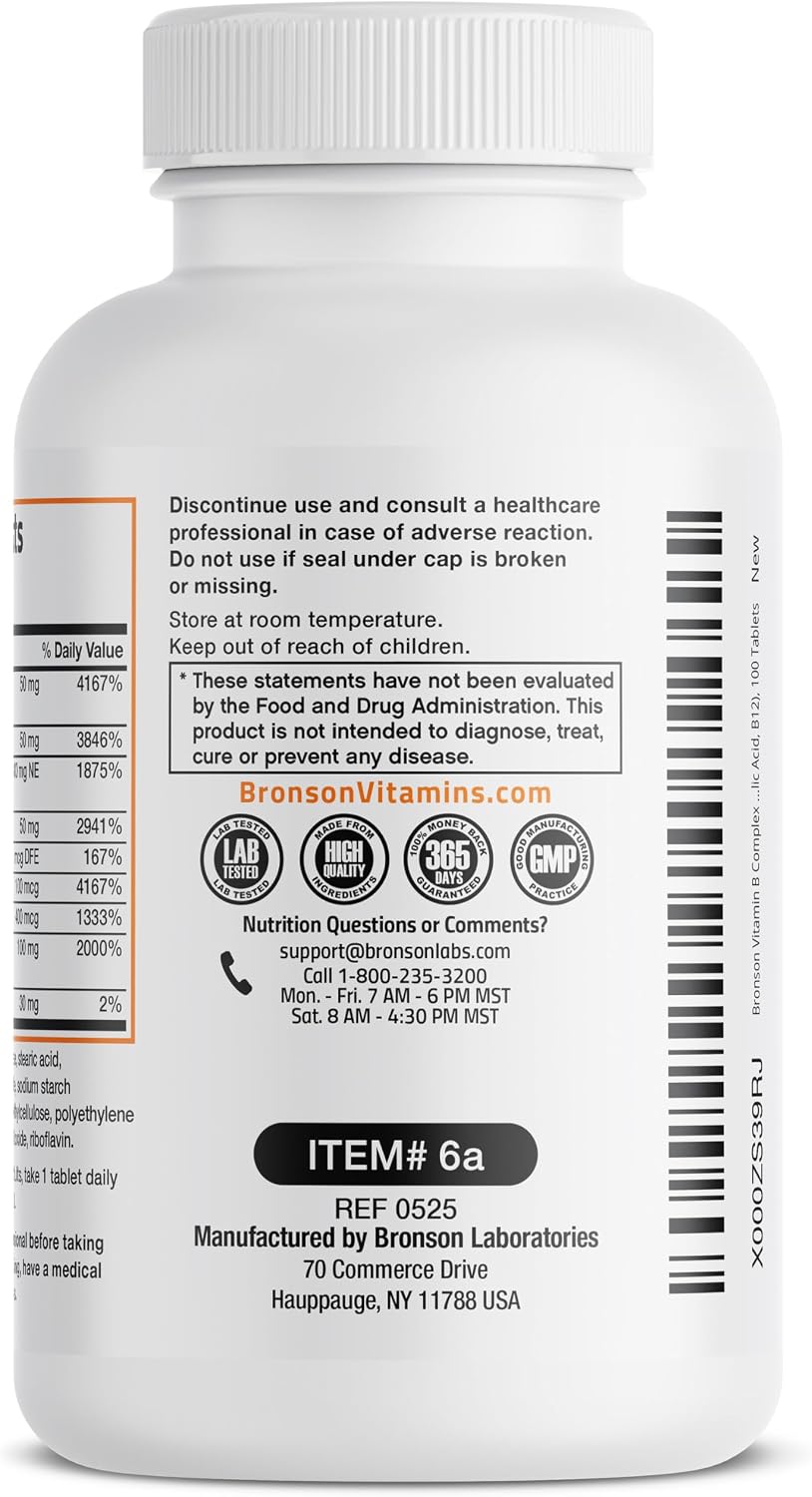 Bronson Vitamin B Complex (B1, B2, B3, B6, B9, B12, Biotin, Pantothenic Acid) - 100 Tablets - görsel 5