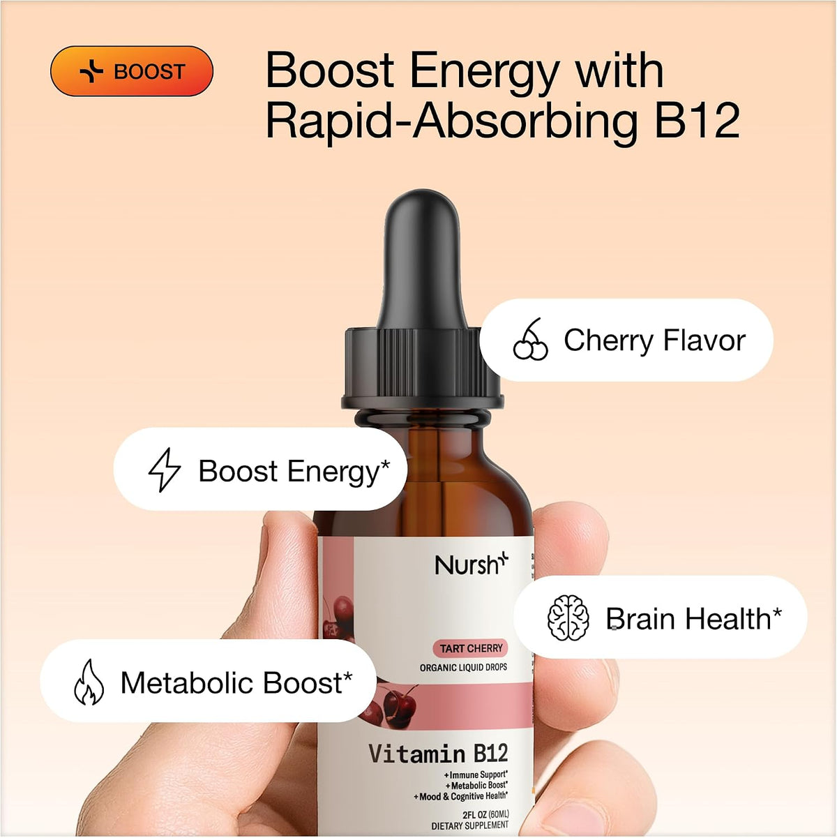 Nursh+ Boost Sublingual Vitamin B12 Liquid Drops – Extra Strength 5000 mcg Methylcobalamin, Fast Absorbing, USDA Certified Organic & Vegan, 60 ml - görsel 3