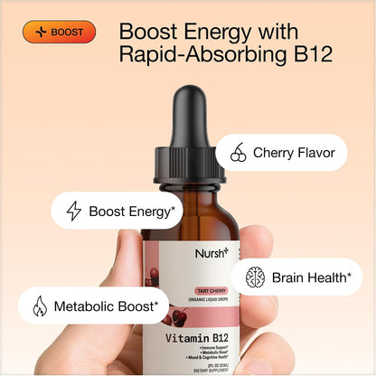 Nursh+ Boost Sublingual Vitamin B12 Liquid Drops – Extra Strength 5000 mcg Methylcobalamin, Fast Absorbing, USDA Certified Organic & Vegan, 60 ml