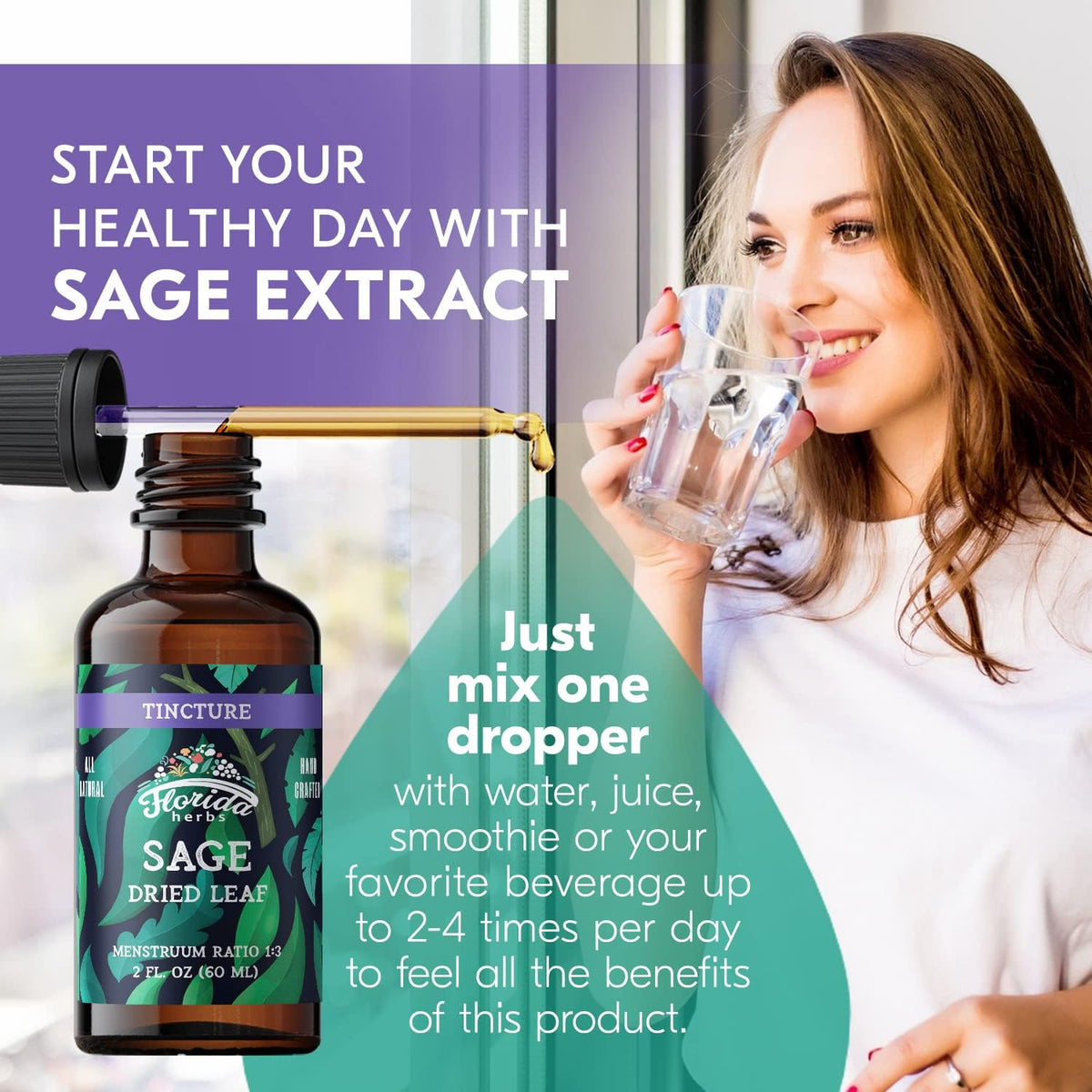 Organic Sage Extract Liquid – Alcohol-Free, Non-GMO – Florida Herbs (2 fl oz) - görsel 2