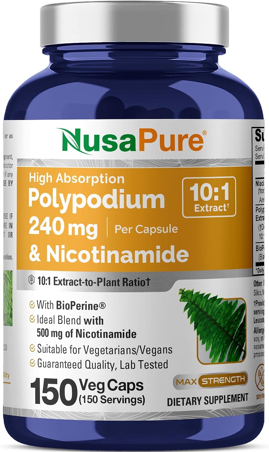 NusaPure Polypodium Nicotinamide Capsules, 240 mg, 150 Veg Capsules - görsel 1