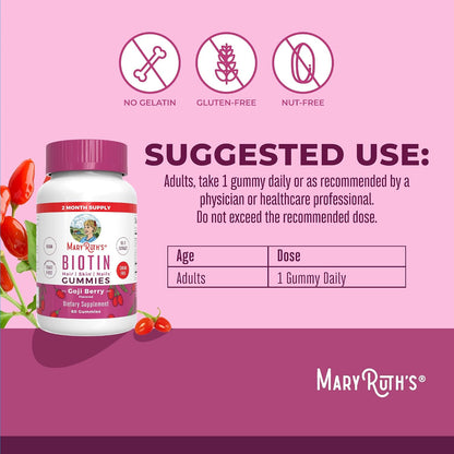 MARYRUTH'S Organics Biotin Gummies – Sugar Free, Vegan, 2500mcg for Hair, Skin & Nails – 60 Count