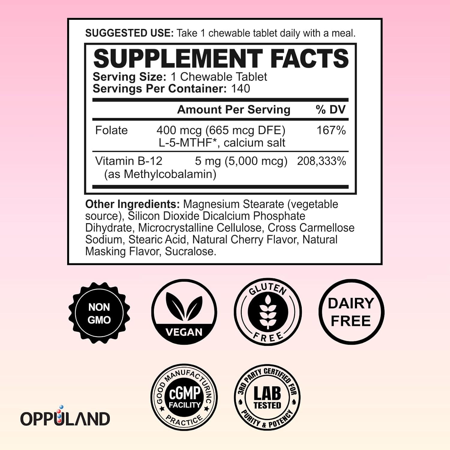 Oppuland Methyl B-12 5000mcg with Folate - Sublingual Tablets - Vegan Energy Support - 140 Tablets - görsel 7