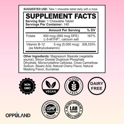 Oppuland Methyl B-12 5000mcg with Folate - Sublingual Tablets - Vegan Energy Support - 140 Tablets