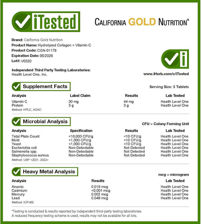 California Gold Nutrition, Hydrolysed Collagen Peptides, Type I & III, and Vitamin C, 250 Tablets