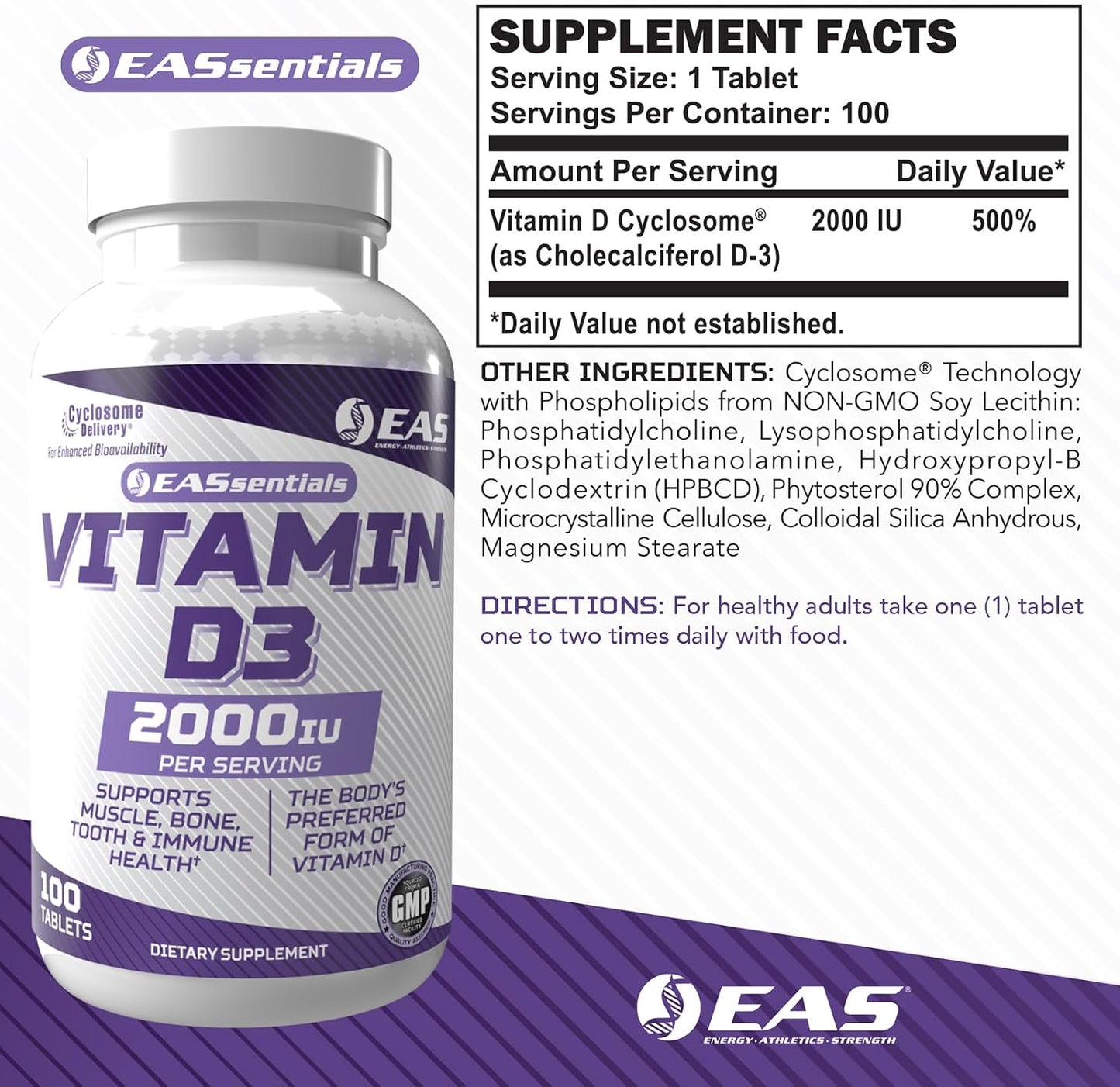 EAS Vitamin D3 2000 IU | Supports Muscle, Bone, Tooth, & Immune Health | Cyclosome Technology | Gluten-free, Non GMO | 100 Tablets - görsel 2