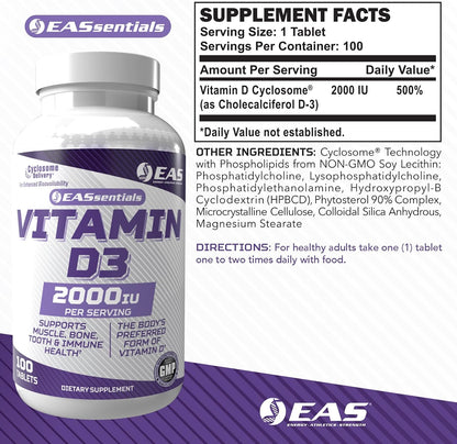 EAS Vitamin D3 2000 IU | Supports Muscle, Bone, Tooth, & Immune Health | Cyclosome Technology | Gluten-free, Non GMO | 100 Tablets