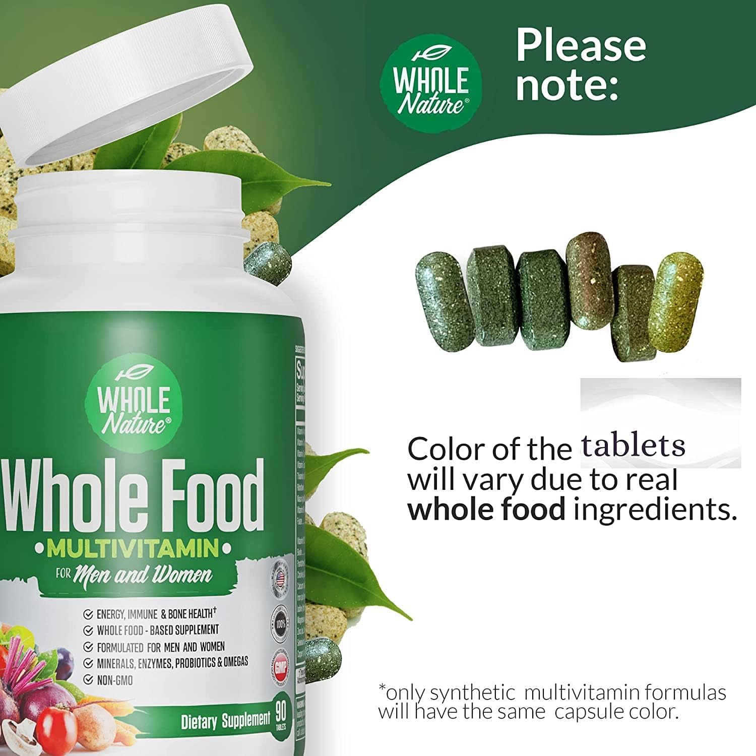 Whole Nature Whole Food Multivitamin - Complete Daily Superfood for Men and Women with Digestive Enzymes, Probiotics, and Omegas (2 Bottles) - görsel 6