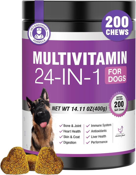 24-in-1 Dog Vitamins and Supplements 200 Count Multivitamin Chewables with Chondroitin, Probiotics, Omega-3, Glucosamine for Skin, Coat, Heart, Joint, Gut, Liver, Brain, Eyes, Immune Support – Chicken Flavour
