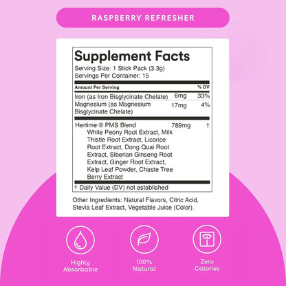 Hertime PMS - Supports a Healthy Menstrual Cycle - with Minerals, Peony Roots, Siberian Ginseng - Sugar-Free - 15 Drink Packets - Raspberry Lemonade