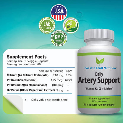 Artery Support – Vitamin K2 & D3 Blood Circulation Supplement, 60 Capsules