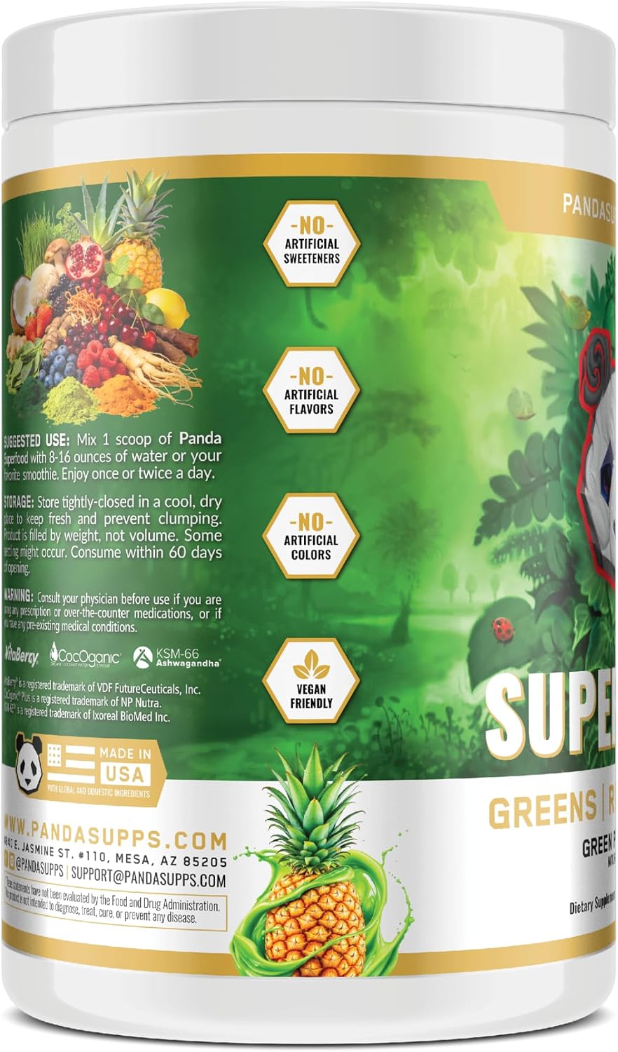 Panda Natural Greens Superfood - Pineapple (390 g) | Organic Greens, Reds, Golds, Probiotics, Ashwagandha, Lion's Mane - görsel 4