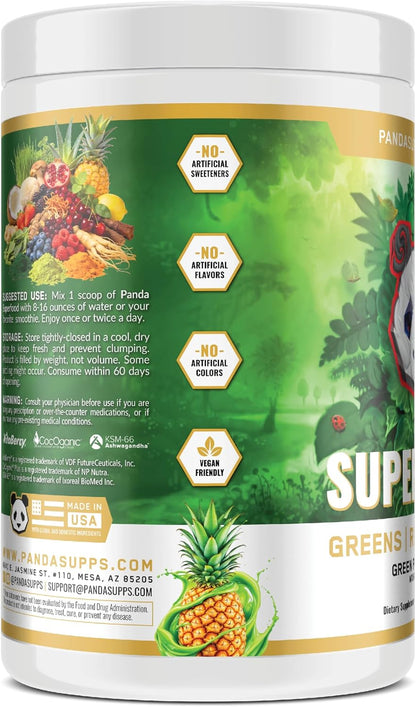 Panda Natural Greens Superfood - Pineapple (390 g) | Organic Greens, Reds, Golds, Probiotics, Ashwagandha, Lion's Mane