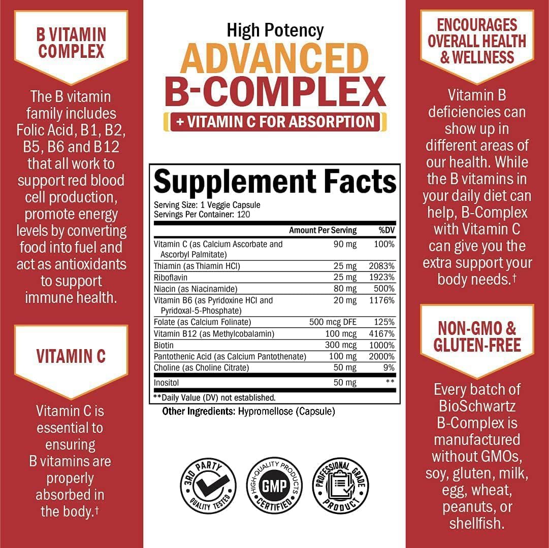BioSchwartz Vitamin B Complex with Vitamin C – Methylcobalamin B12 & Folate Supplement, 120 Capsules - görsel 3