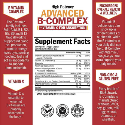 BioSchwartz Vitamin B Complex with Vitamin C – Methylcobalamin B12 & Folate Supplement, 120 Capsules