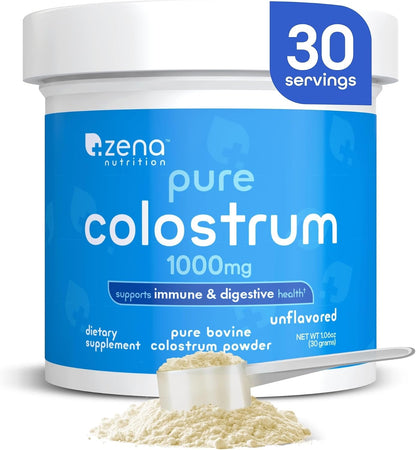 Zena Nutrition Pure Colostrum Capsules, 1500mg Supplement, Grass-Fed Bovine Colostrum, Supports Immune and Digestive Health, Promotes Gut Health, Gluten-free, Fat-Free, 1 Month Supply, 90 Capsules