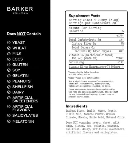 Barker Wellness D3 K2 Vitamin Gummies – Max Potency: 6000 IU D3 + 200 mcg K2 for Strong Bones, Heart Health and Immune Support | Vegan, Sugar-Free, Delicious Mixed Berry Flavour | 30 Servings