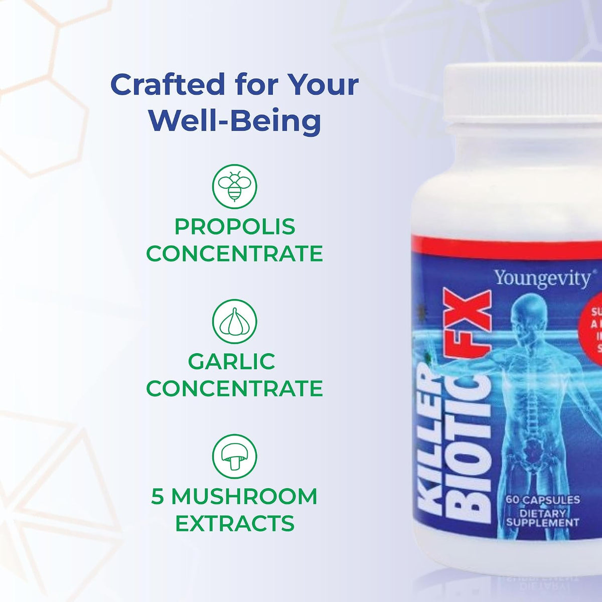 Youngevity Killer Biotic FX - Immune System Support with Bee Propolis, Mushrooms and Colostrum - 60 Capsules - görsel 5