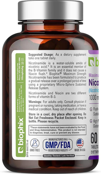 biophix B-3 Nicotinamide 1000 mg - 60 Timed Release Tablets - Flush-free Vitamin B3 (Niacinamide)