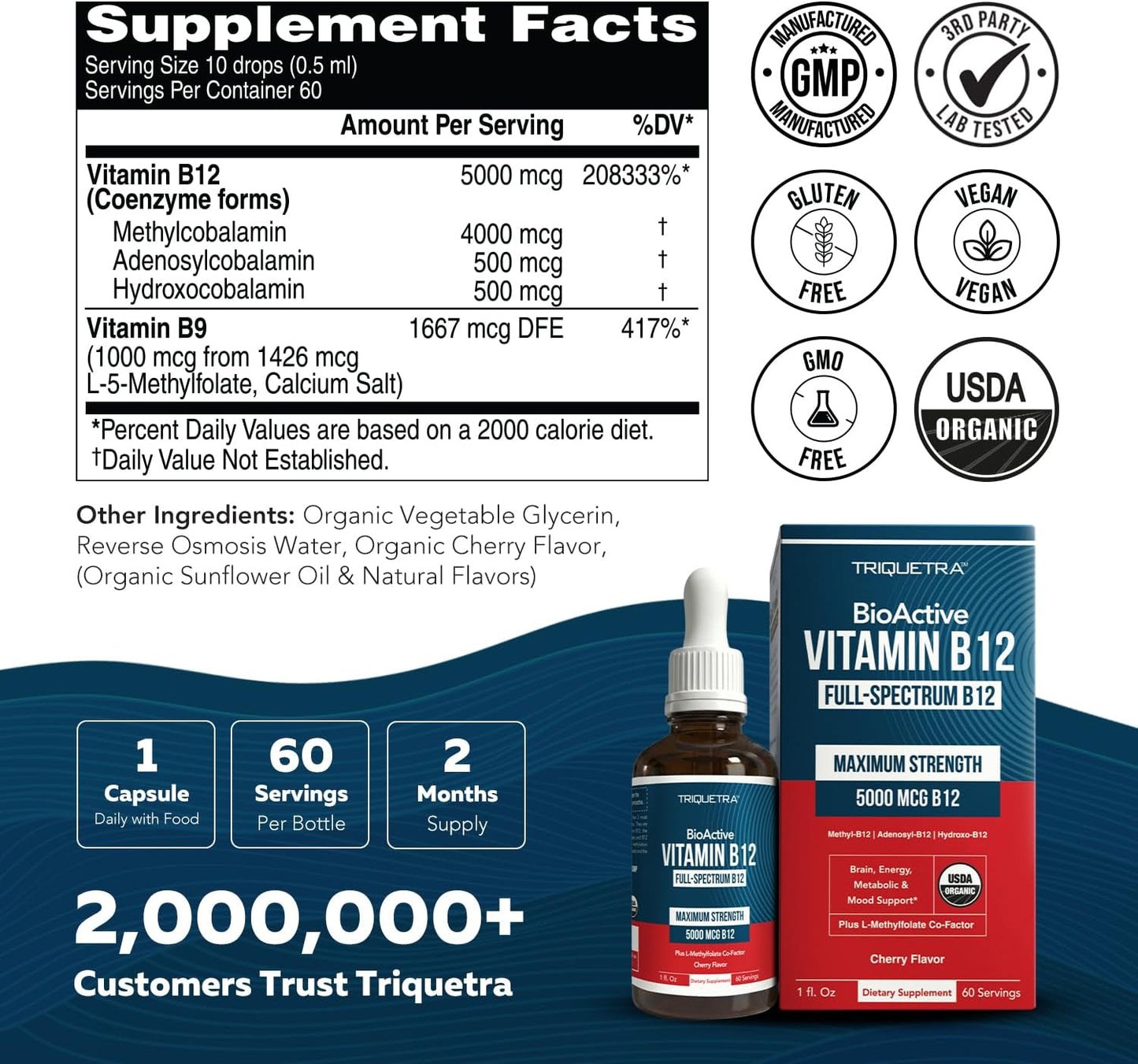 Triquetra Health BioActive Vitamin B12 5000 mcg - 3 BioActive Forms with Methylfolate, Sublingual Drops, Berry, Organic, Non-GMO, Vegan (1 oz) - görsel 8