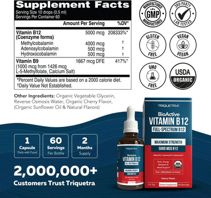Triquetra Health BioActive Vitamin B12 5000 mcg - 3 BioActive Forms with Methylfolate, Sublingual Drops, Berry, Organic, Non-GMO, Vegan (1 oz)