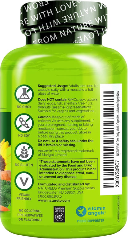 NATURELO Men's Multivitamin for Men 50+ - One Daily Multivitamin with Vitamins, Minerals & Organic Whole Foods, Boosts Energy & Health, Non-GM, 120 Vegetarian Capsules