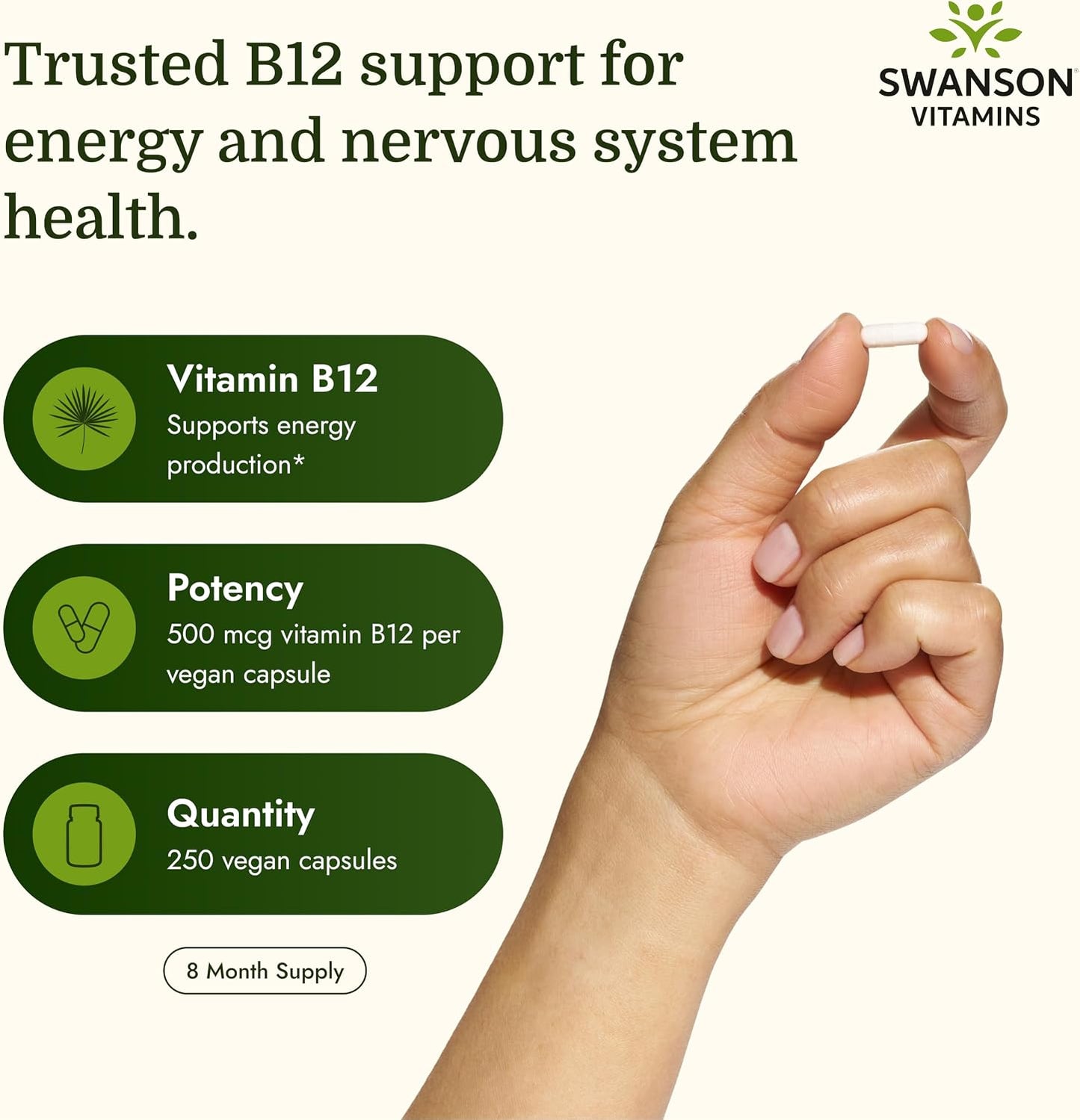 Swanson Vitamin B12 Cyanocobalamin 500 mcg – Energy and Nervous System Support Supplement for Adults – 250 Vegan Capsules - görsel 3
