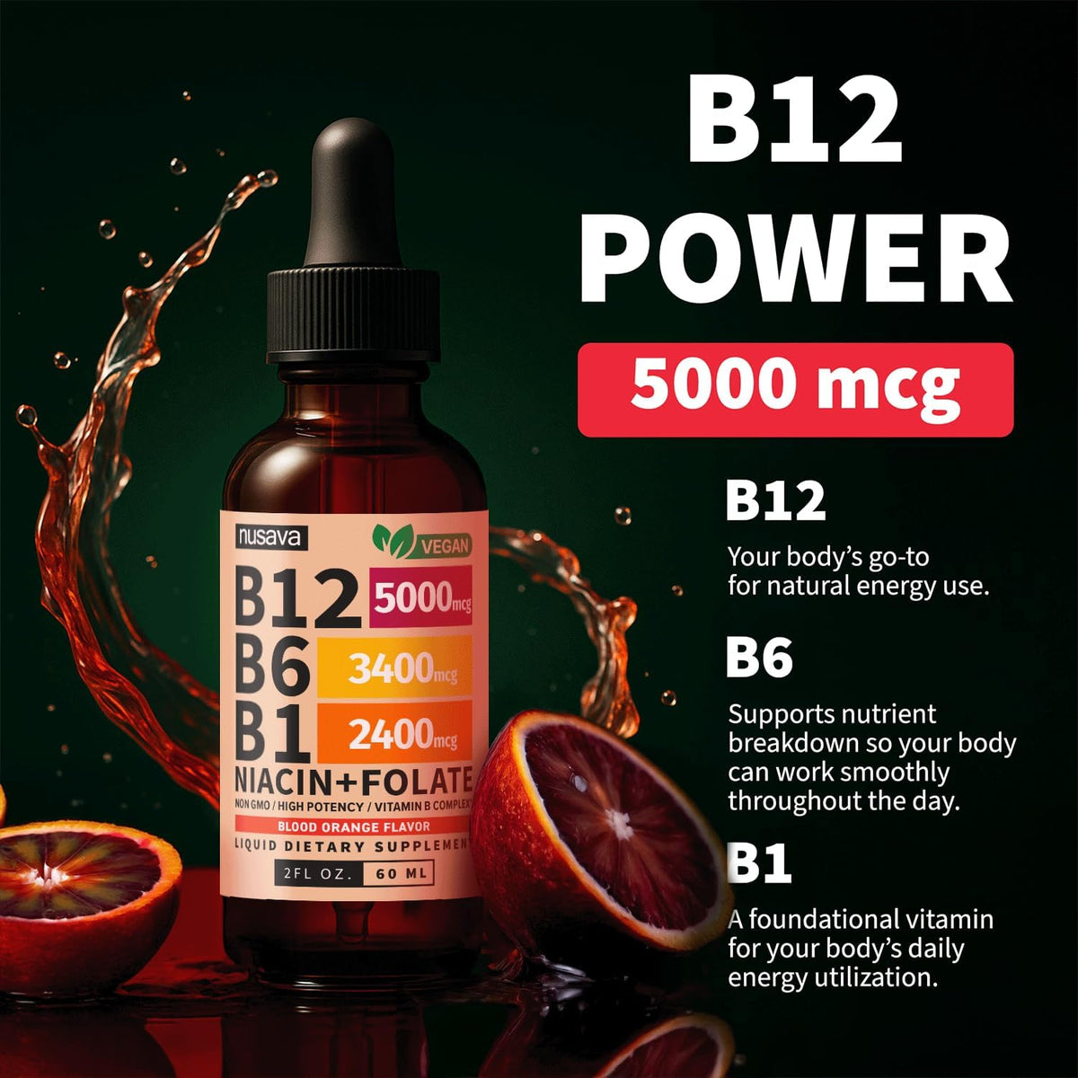NUSAVA Vitamin B1 (Thiamine) & B12 Liquid Drops – Sublingual Methylcobalamin B Complex – Vegan, Non-GMO, Gluten-free – Crimson Orange (2-Pack, 60 ml each) - görsel 5
