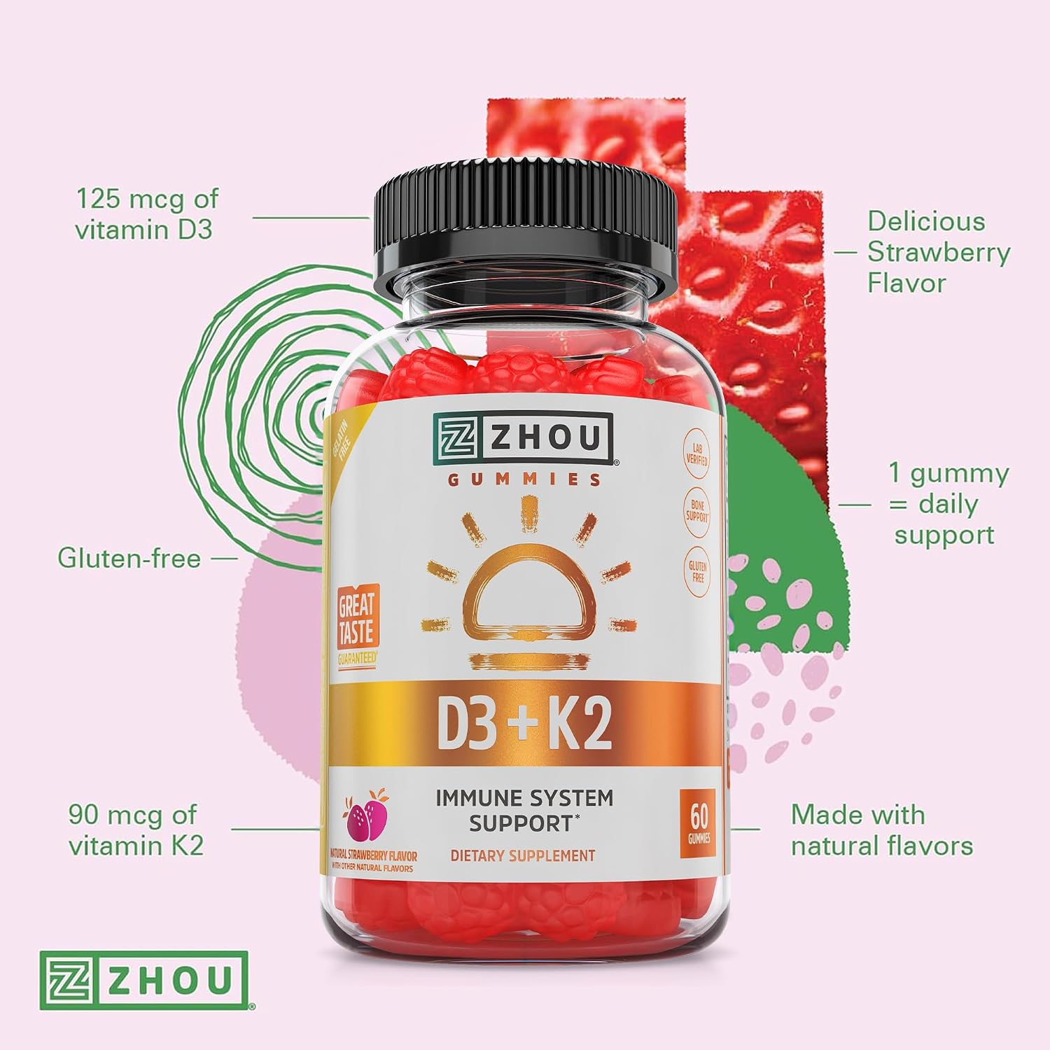 Zhou D3+K2 - Vitamin D3 K2 Supplement for Women and Men, Immune Support, Gelatine-free Gummy with 5000 IU D3 and MK-7 - 60 Veggie Gummies - görsel 5