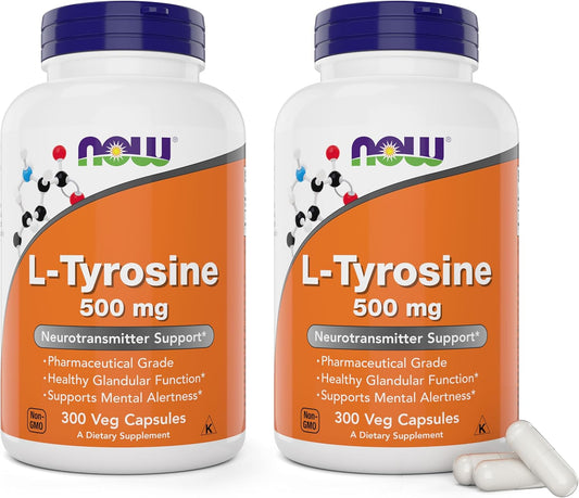 NOW Foods L-Tyrosine 500mg, 300 Capsules (Pack of 2) - Free-Form Amino Acid Supplement