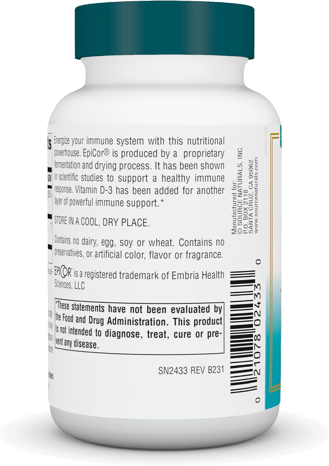 Source Naturals Wellness EpiCor with Vitamin D-3 - 60 Capsules - görsel 3
