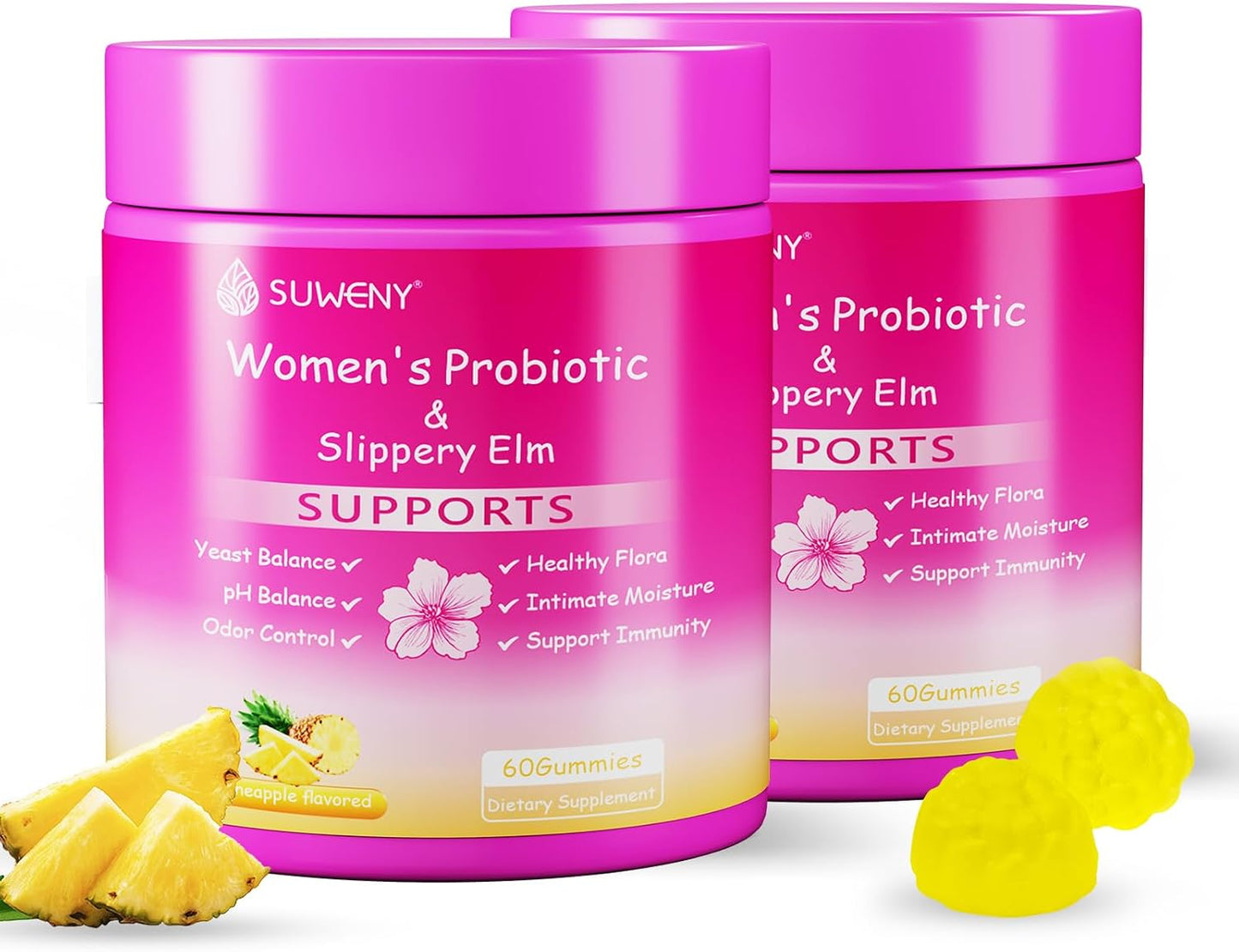 Her Juicy Feminine Probiotics Gummies, Women's Health – Designed for pH Balance, with Slippery Elm, Prebiotics & Lactobacillus Blend, Pineapple Flavour – 60 Gummies (2-Pack) - görsel 1