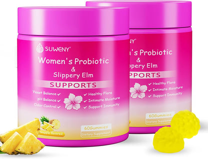 Her Juicy Feminine Probiotics Gummies, Women's Health – Designed for pH Balance, with Slippery Elm, Prebiotics & Lactobacillus Blend, Pineapple Flavour – 60 Gummies (2-Pack)