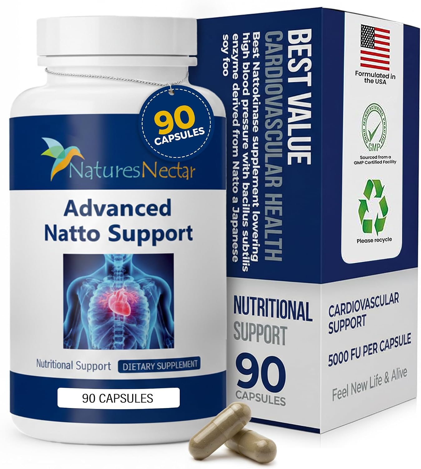 Nature's Nectar Organic Nattokinase 250mg – Double Strength 5000 FU – Cardiovascular & Blood Circulation Support – 90 Capsules - görsel 1