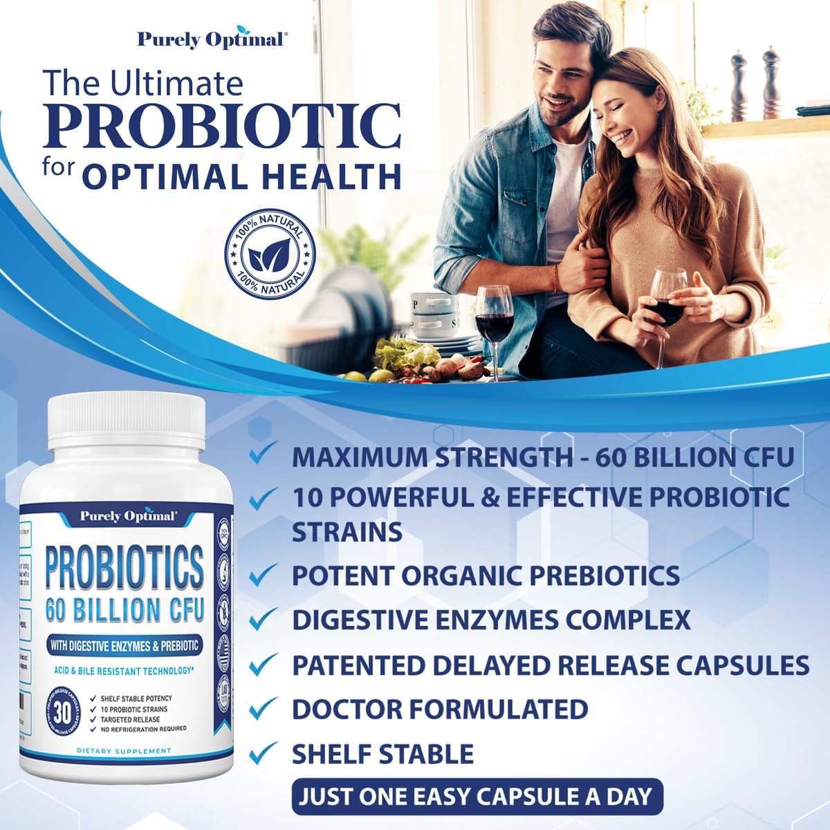 Purely Optimal Probiotics for Digestive Health, 60 Billion CFU – Delayed-Release with Digestive Enzymes & Organic Prebiotics, 30 Capsules - görsel 7