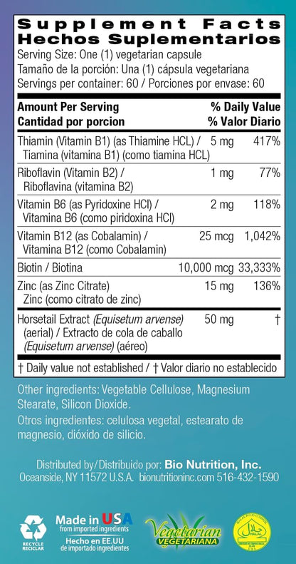 Bio Nutrition Healthy Hair Biotin Vegi-Caps, 60 Capsules
