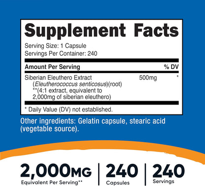 Nutricost Siberian Eleuthero 500mg, 240 Capsules