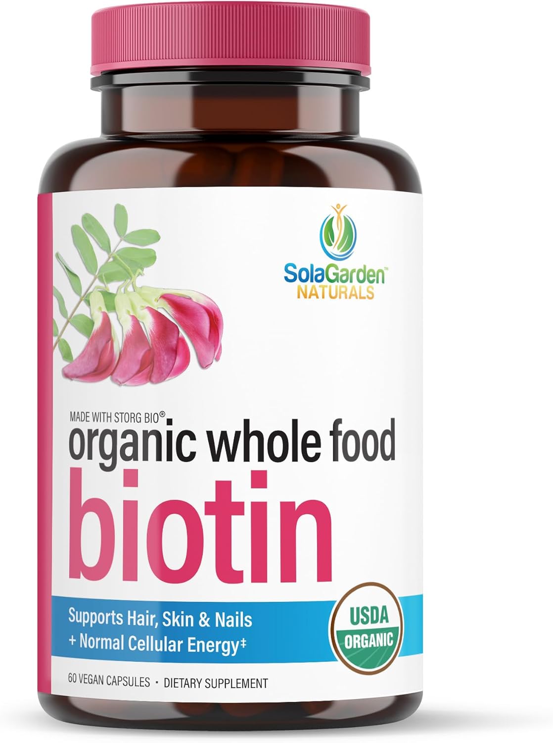 USDA Organic Whole Food Biotin Supplement - 5000 mcg Plant-Based Biotin from Sesbania Agati - Non-GMO Vegan Capsules for Hair, Skin, and Nails - 60 Count - görsel 1