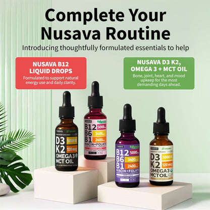 NUSAVA Vitamin B12 Liquid Drops 5000mcg – Sublingual B-Complex with B6, B1, Niacin, Folic Acid – Methylcobalamin for Energy & Immune Support – Vegan, Non-GMO, Watermelon (2 Pack, 60 ml)