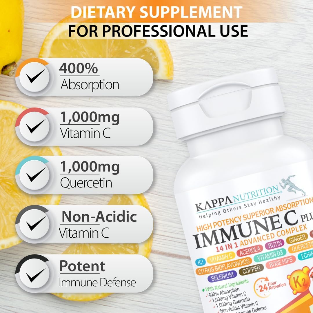 KAPPA NUTRITION Immune C Plus - 14-in-1 Complex with Quercetin, Vitamin C, Zinc, Vitamin D3, Selenium, Copper, Acerola, Ginger, Rutin, Bitter Orange, Rose Hips, Echinacea, Vitamin K2, Cloves (90 Capsules) - görsel 6